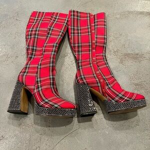 Betsey Johnson Plaid Rhinestone knee high boots size 8